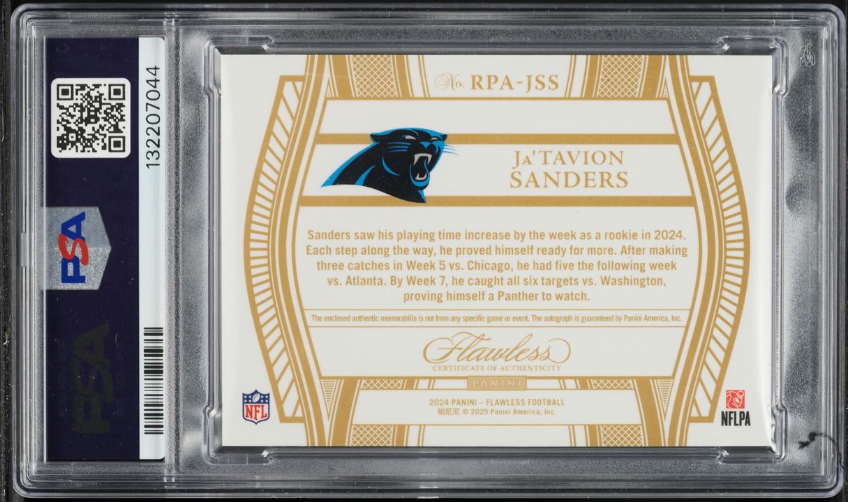 2024 Panini Flawless Emerald Ja'Tavion Sanders ROOKIE PATCH AUTO /5 #RPA-JSS PSA 9 MINT