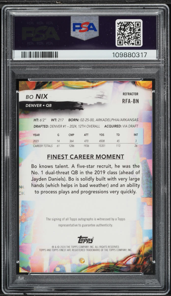 2024 Topps Finest Refractor Bo Nix ROOKIE AUTO #RFABN PSA 10 GEM