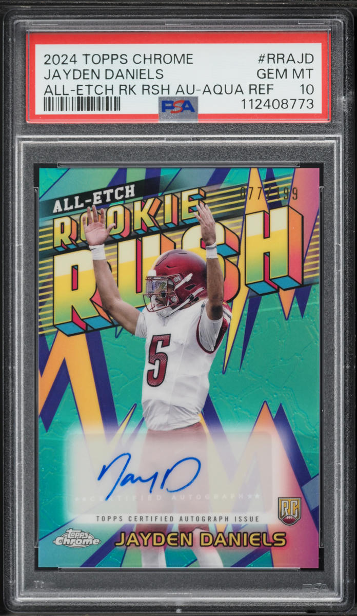 2024 Topps Chrome All Etch Rush Aqua Refractor Jayden Daniels ROOKIE AUTO /199 PSA 10 GEM MINT