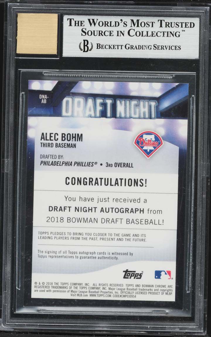 2018 Bowman Chrome Draft Night Superfractor Alec Bohm ROOKIE AUTO 1/1 #DNA-AB BGS 9 MINT