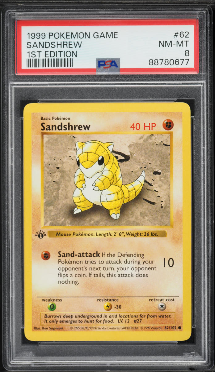 1999 Pokemon Base Set Shadowless 1st Edition Sandshrew #62 PSA 8 NM-MT