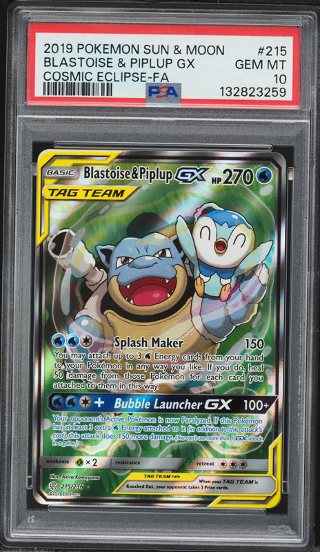 2019 Pokemon Sun & Moon Cosmic Eclipse Full Art Blastoise & Piplup GX #215 PSA 10 GEM MINT
