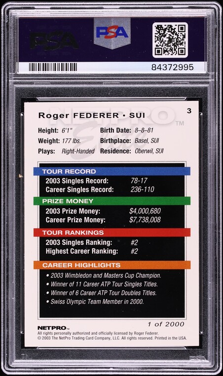 2003 Netpro Elite Roger Federer ROOKIE /2000 #3 PSA 10 GEM MINT on