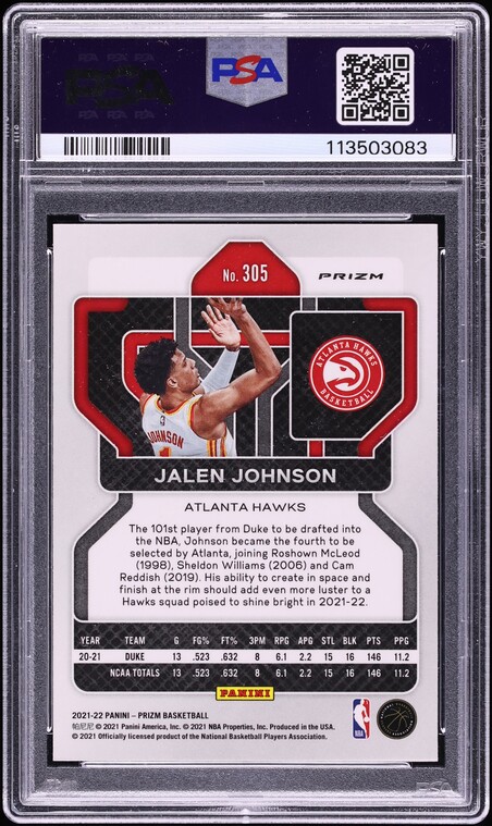 2021 Panini Prizm Silver Jalen Johnson ROOKIE #305 PSA 10 GEM MINT