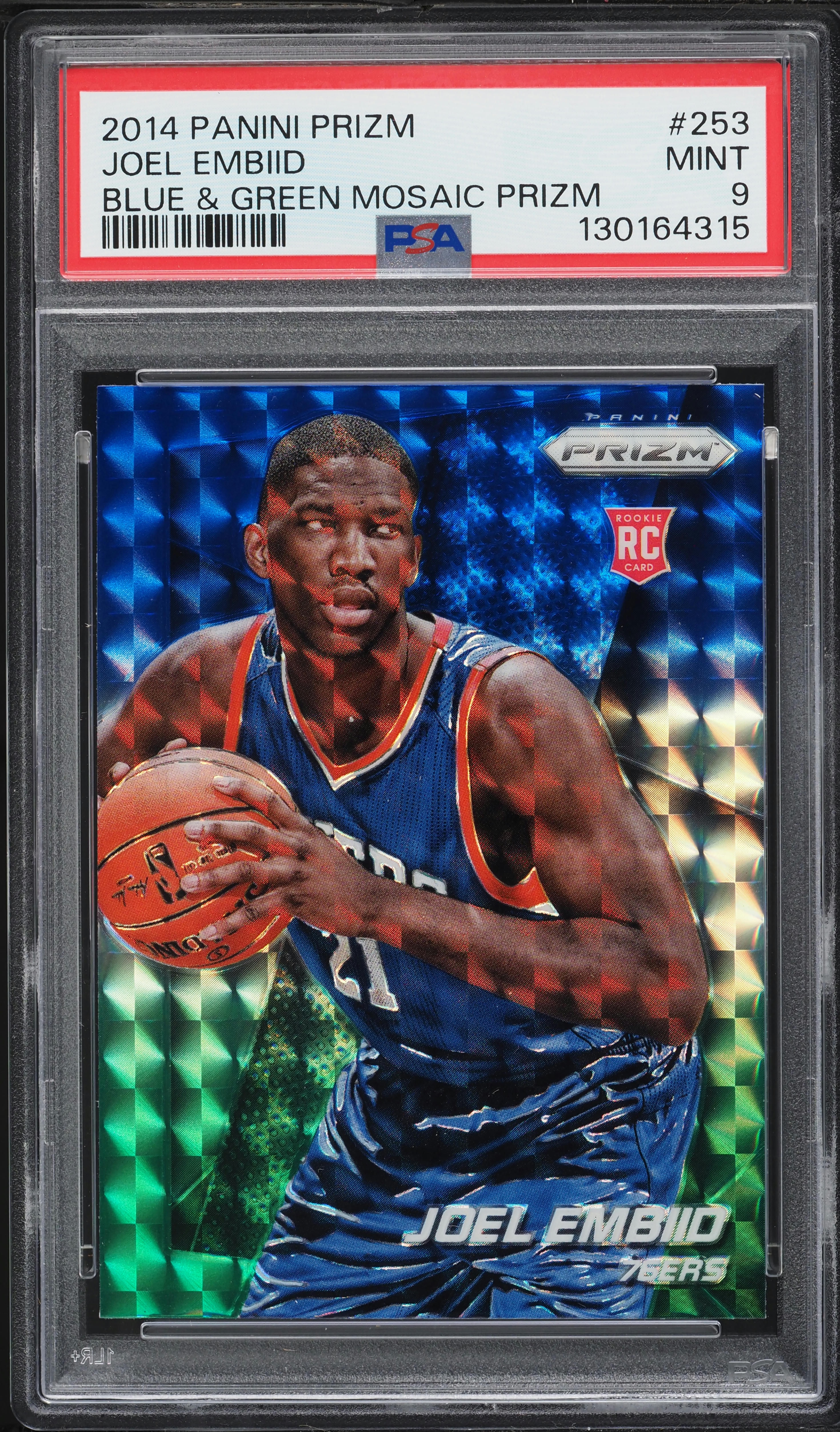 2014 Panini Prizm Blue & Green Mosaic Joel Embiid ROOKIE #253 PSA