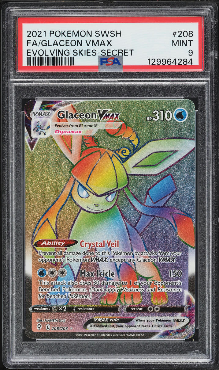 2021 Pokemon Sword & Shield Evolving Skies Rainbow Rare Glaceon VMAX #208 PSA 9 MINT