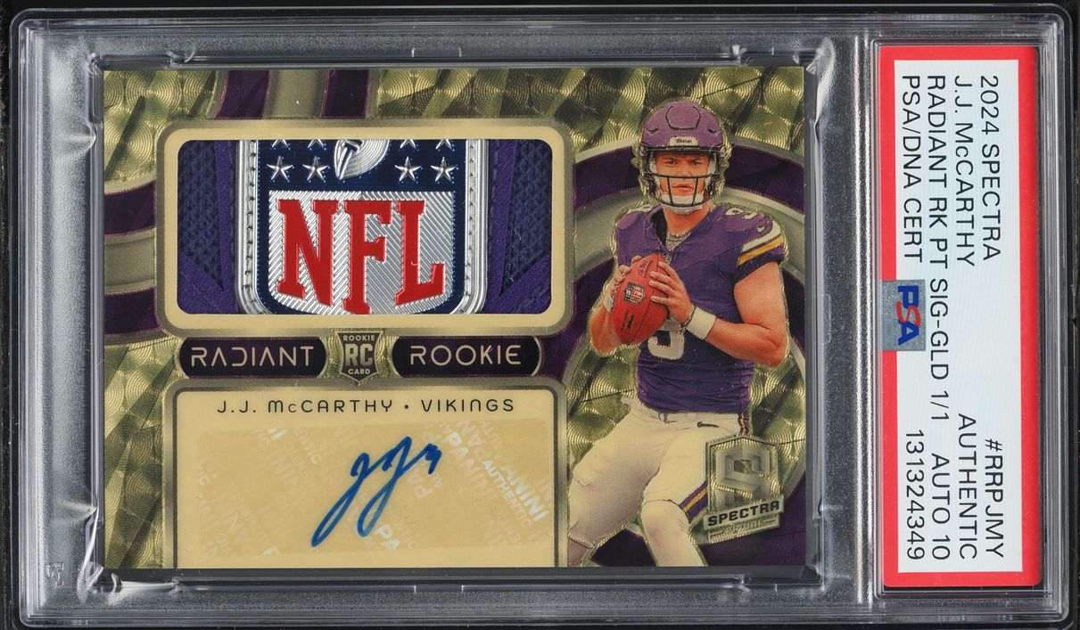 2024 Panini Spectra Radiant J.J. McCarthy ROOKIE NFL SHIELD PATCH AUTO DNA 10 1/1 PSA AUTH