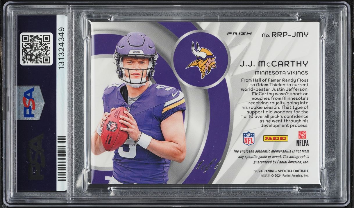 2024 Panini Spectra Radiant J.J. McCarthy ROOKIE NFL SHIELD PATCH AUTO DNA 10 1/1 PSA AUTH