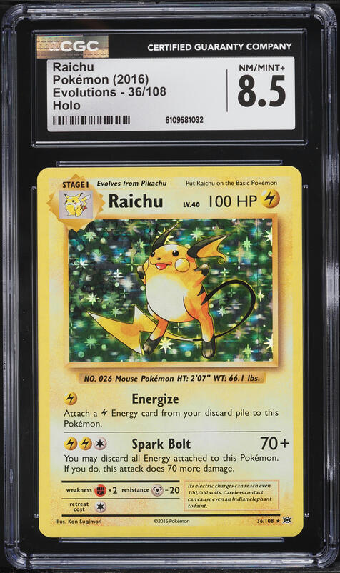 2016 raichu pokemon card (36/108) XY Evolutions Holo Trading Toys Colorless Spark Bolt (70+) You may discard all Energy attached to this Pokémon Pokemon - Raichu (36/108) -