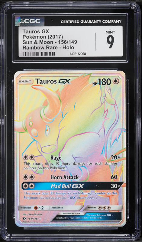 2017 Pokemon Sun & Moon Rainbow Rare Tauros GX #156 CGC 9 MINT