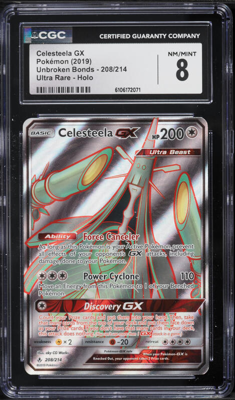 2019 Pokemon Sun & Moon Unbroken Bonds Full Art Celesteela GX #208 CGC 8 NM-MT