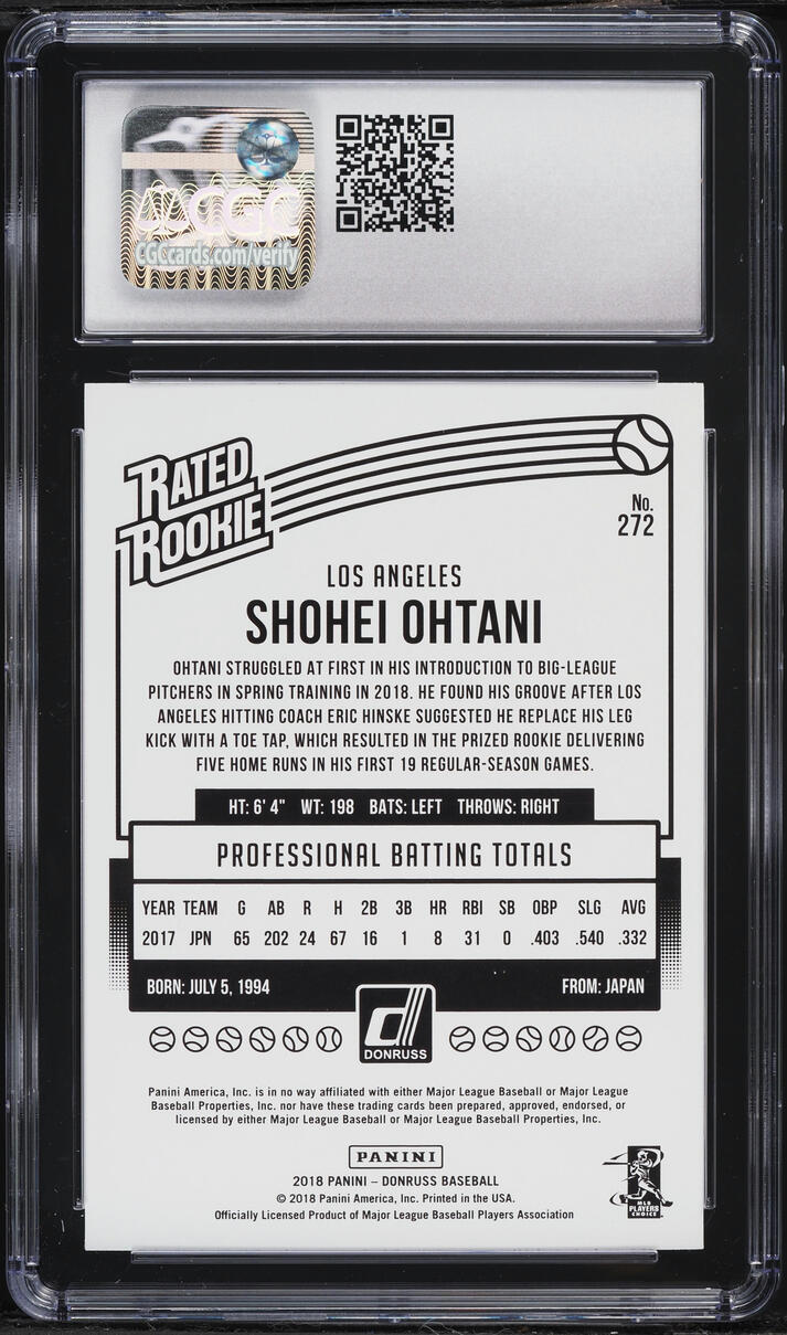2018 Panini Chronicles Donruss Shohei Ohtani ROOKIE #272 CGC 10 GEM MINT