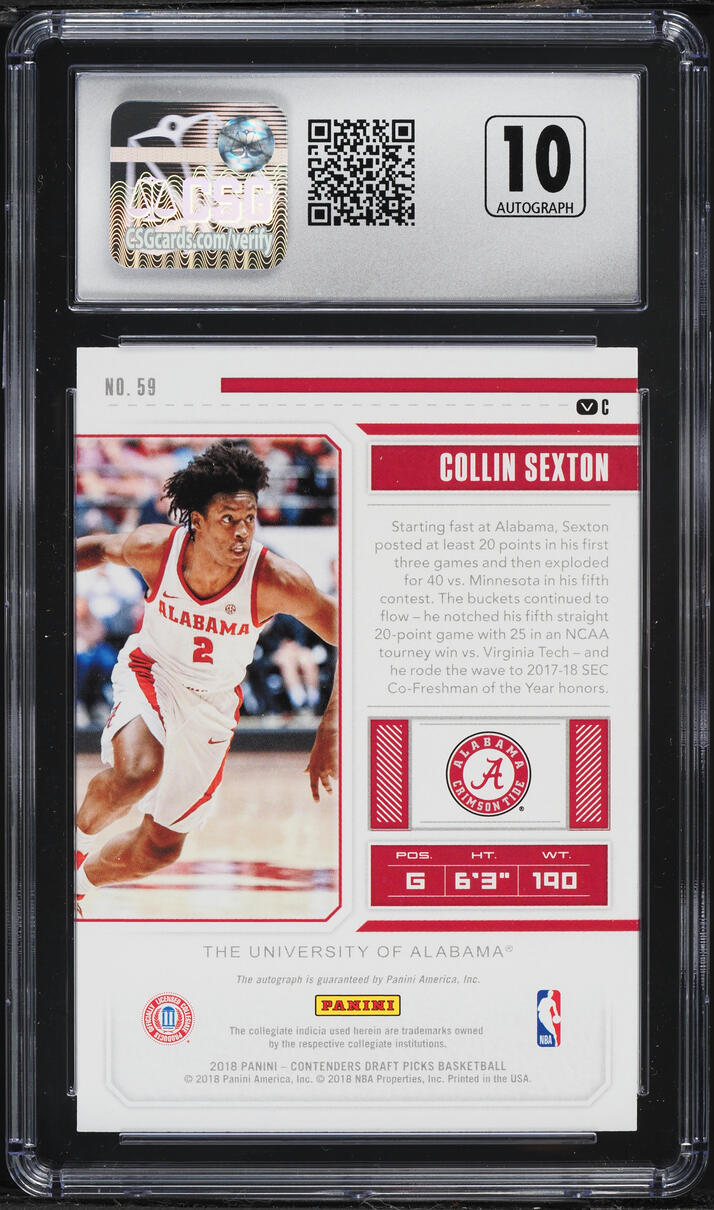2018 Panini Contenders  College Ticket Variation Collin Sexton ROOKIE AUTO #59 CSG 10 GEM MINT