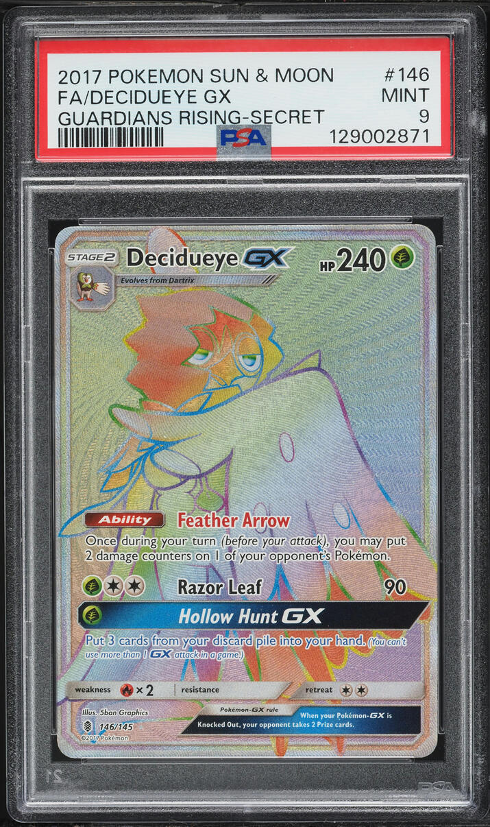 2017 Pokemon Sun & Moon Guardians Rising Rainbow Rare Decidueye GX #146 PSA 9 MINT