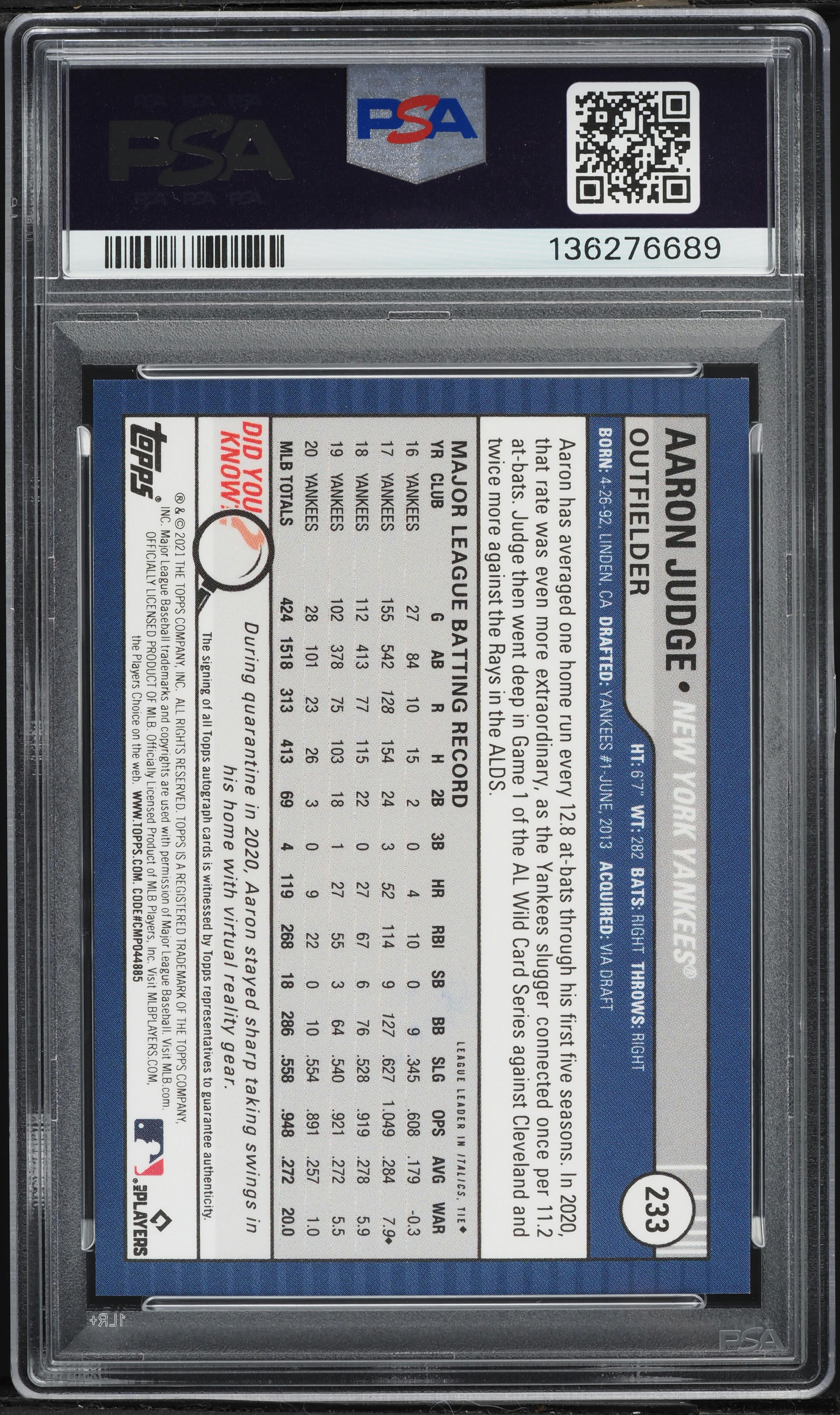 2021 Topps Big League Aaron Judge AUTO #233 PSA 9 MINT on Fanatics 