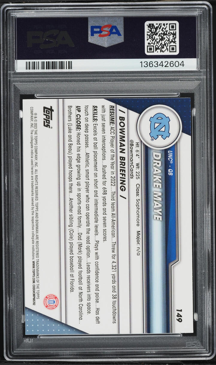 2023 Bowman Chrome University Variation Drake Maye ROOKIE #149 PSA 10 GEM MINT