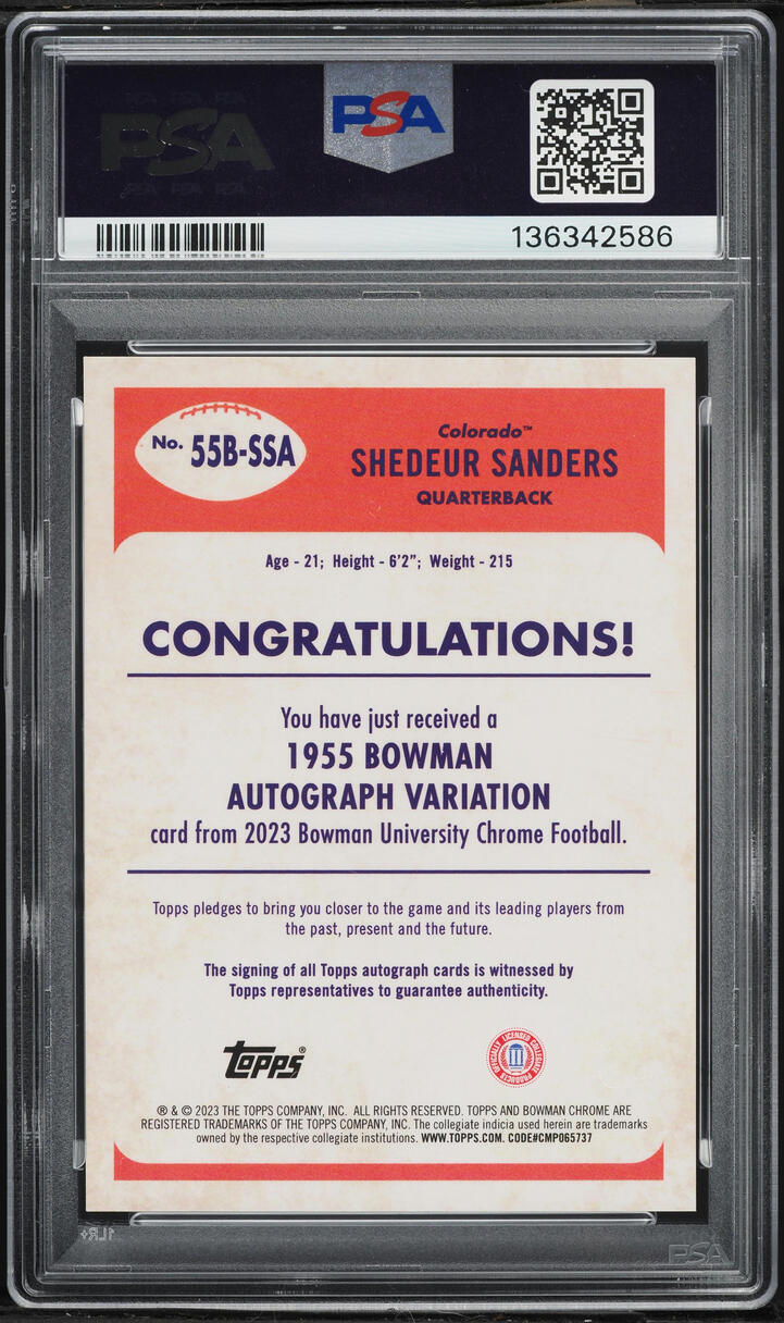 2023 Bowman Chrome University '55 Shedeur Sanders ROOKIE AUTO /99 #55B-SSA PSA 10 GEM MINT