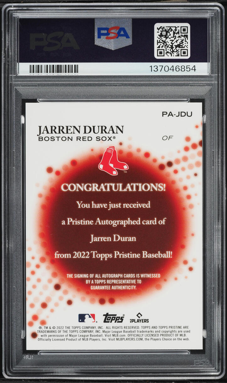 2022 Topps Pristine Jarren Duran ROOKIE AUTO #PA-JDU PSA 10 GEM MINT