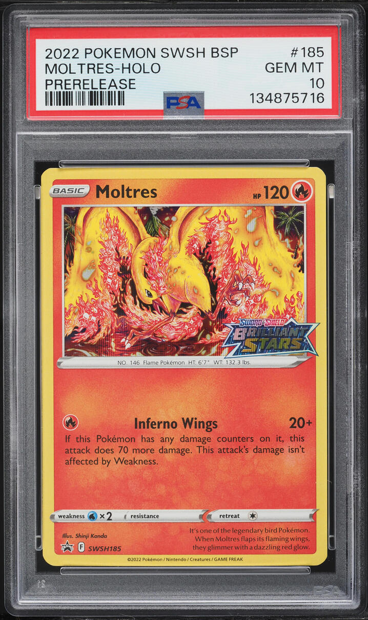 2022 Pokemon SWSH Black Star Promo Brilliant Stars Prerelease Holo Moltres #185 PSA 10 GEM MINT