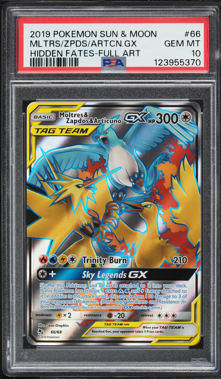 2019 Pokemon SM Hidden Fates Full Art Moltres & Zapdos & Articuno GX #66 PSA 10 GEM MINT