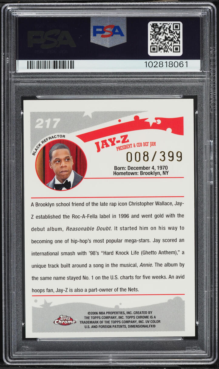 2005 Topps Chrome Black Refractor Jay-Z /399 #217 PSA 9 MINT on