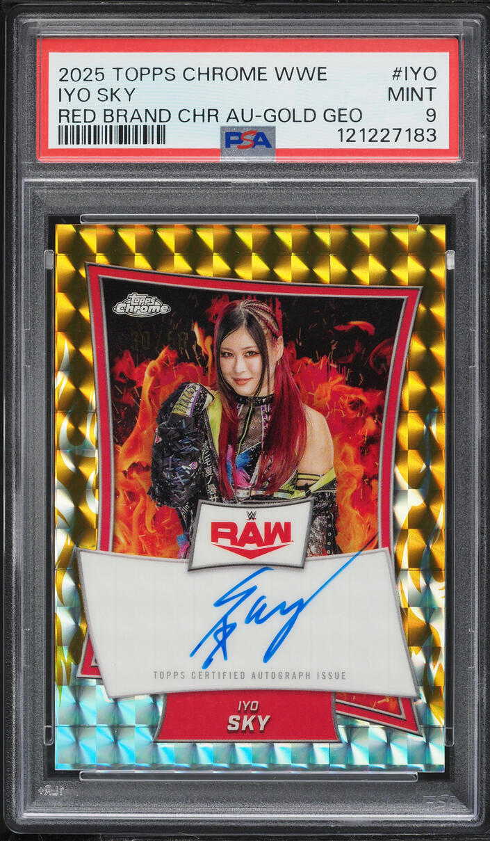 2025 Topps Chrome WWE Red Brand Gold Geo Iyo Sky AUTO /50 #RBA-IYO PSA 9 MINT