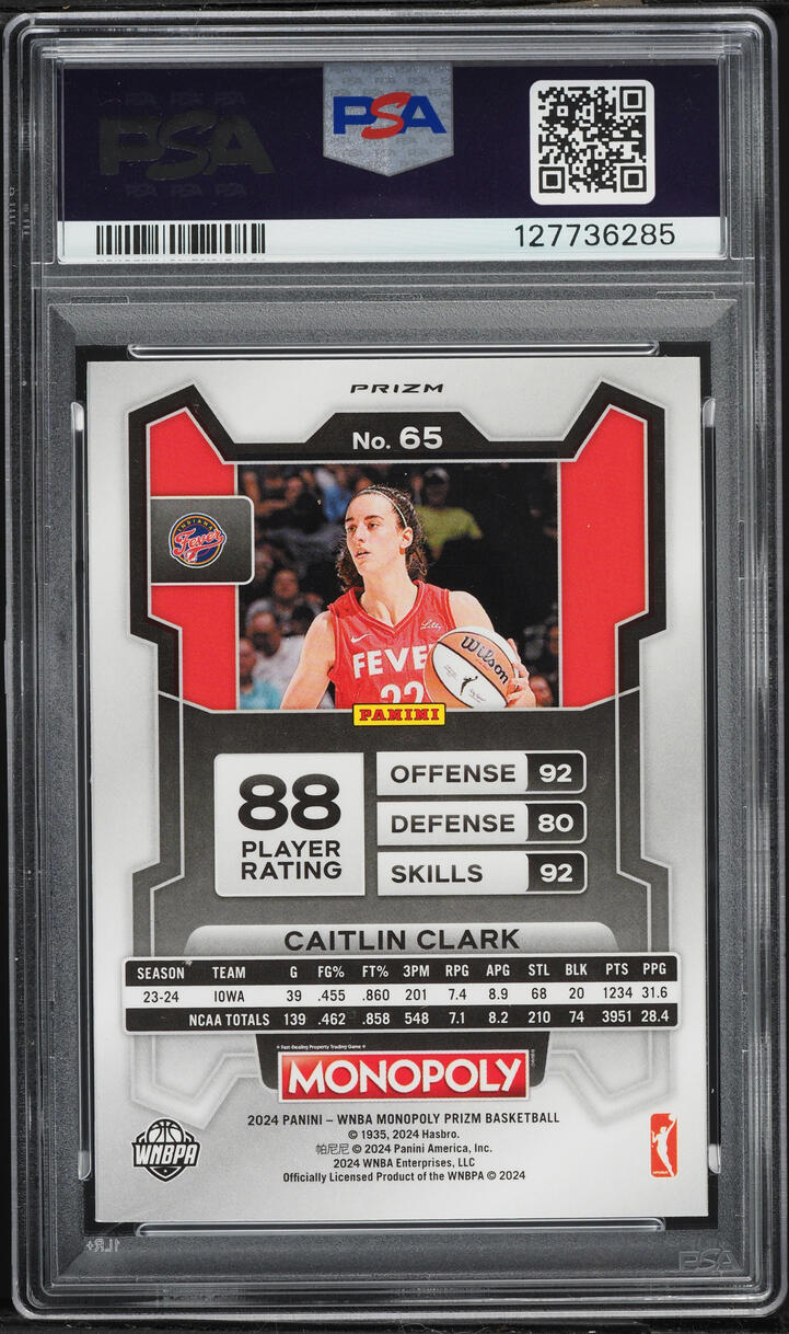 2024 Panini Prizm Monopoly WNBA Free Parking Caitlin Clark ROOKIE #65 PSA 10 GEM MINT