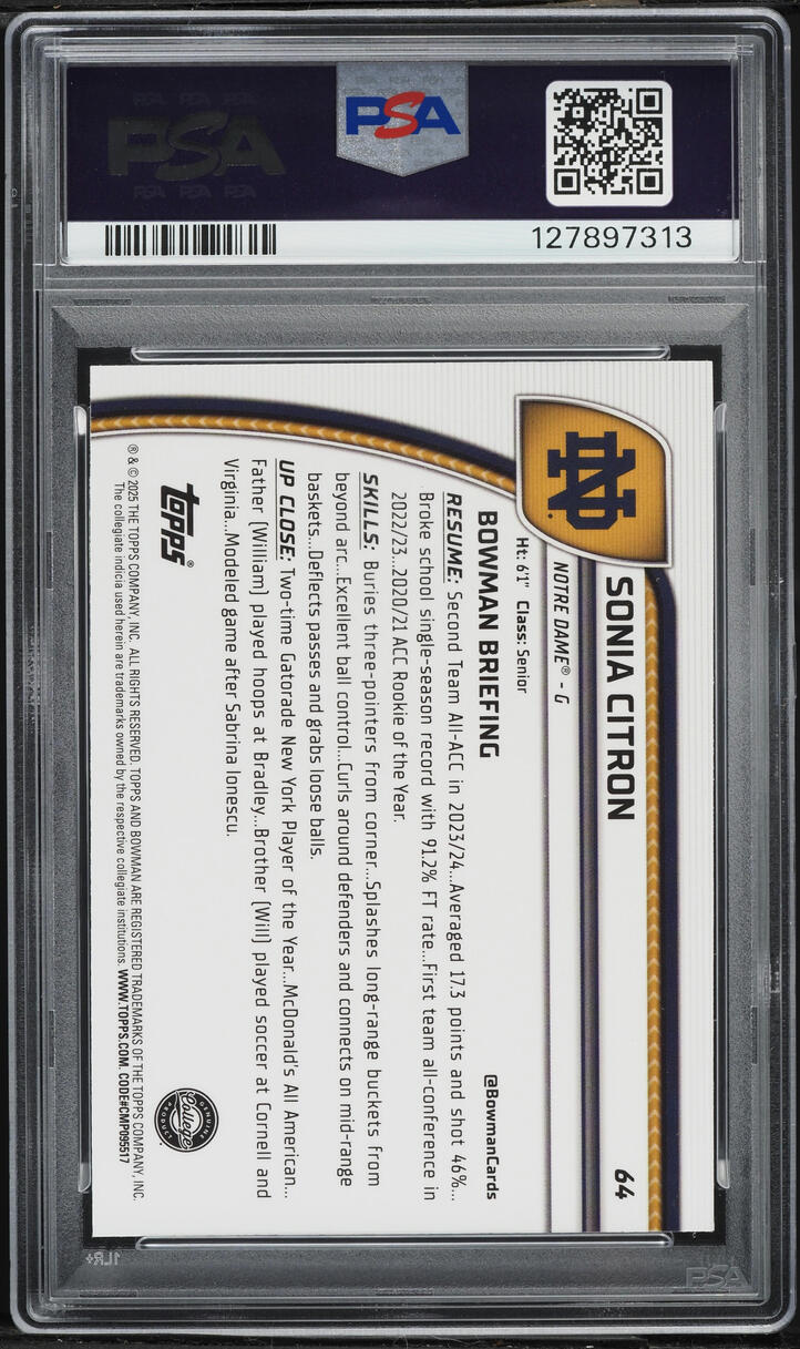 2024 Bowman Chrome University Purple Lava Sonia Citron ROOKIE #64 PSA 10 GEM MINT