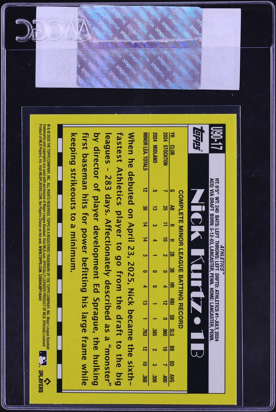 2025 Topps Update '90 Topps Nick Kurtz ROOKIE #U90-17 CGC AUTH