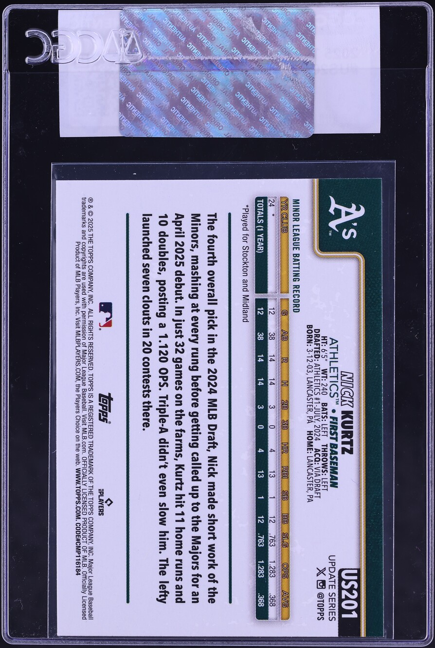 2025 Topps Update Nick Kurtz ROOKIE #US201 CGC AUTH