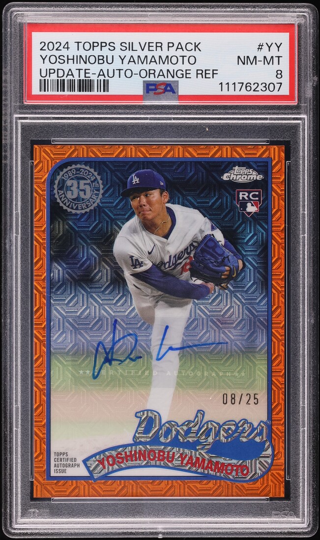 2024 Topps Chrome Silver '89 Orange Refractor Yoshinobu Yamamoto ROOKIE AUTO /25 #YY PSA 8