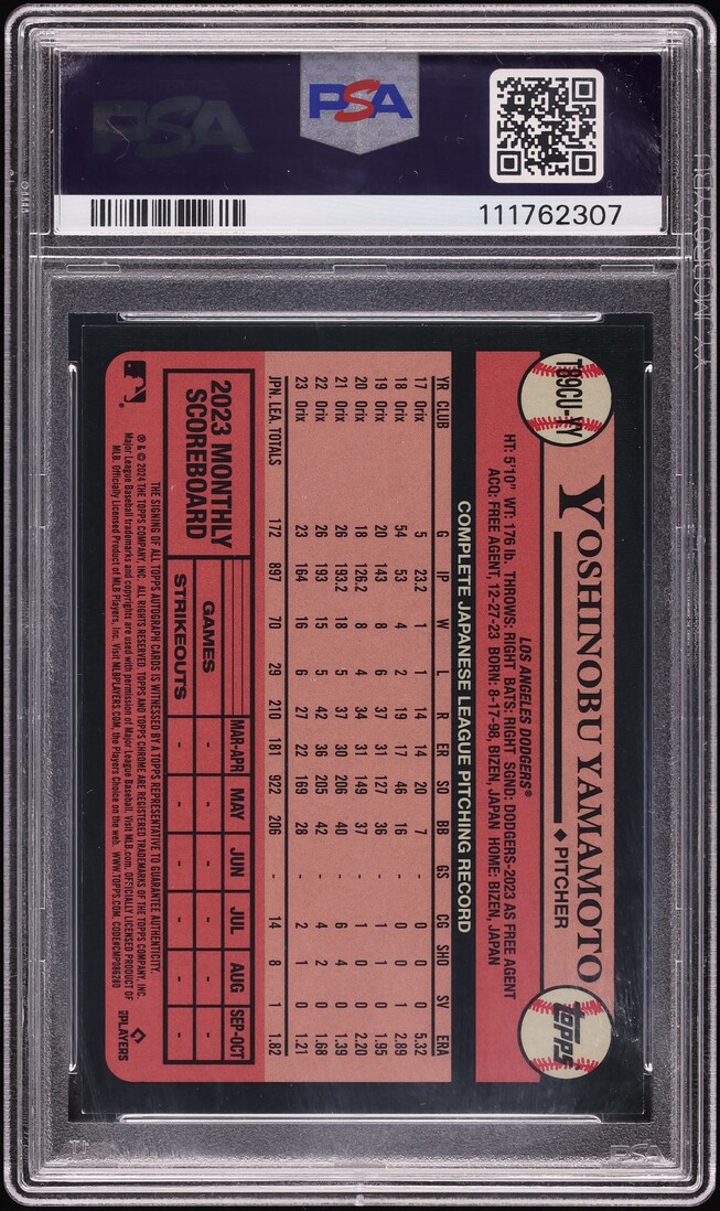 2024 Topps Chrome Silver '89 Orange Refractor Yoshinobu Yamamoto ROOKIE AUTO /25 #YY PSA 8