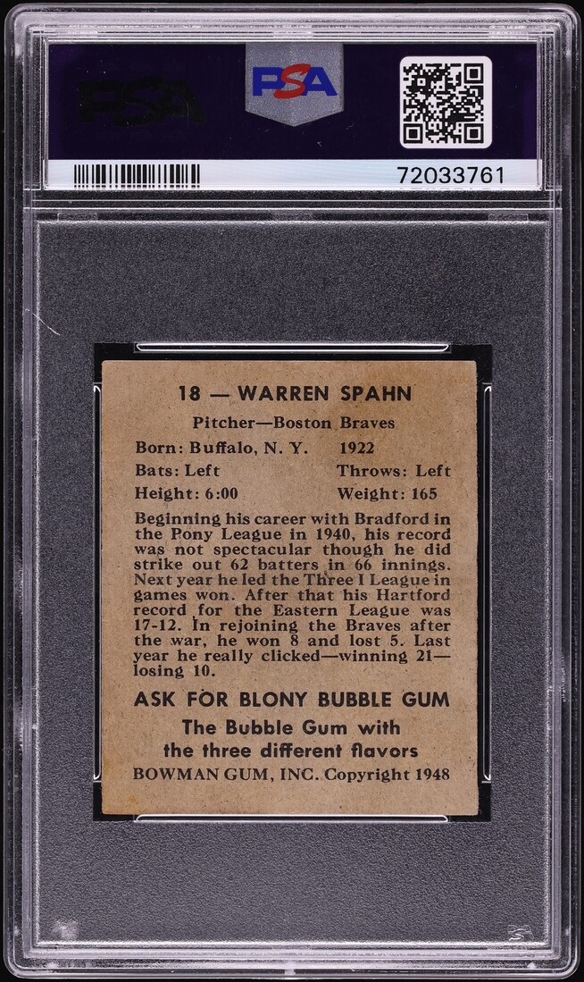 1948 Bowman Warren Spahn ROOKIE #18 PSA 5(mc) EX