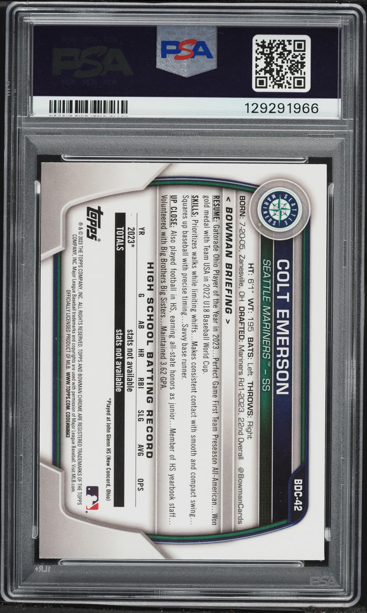2023 Bowman Chrome Draft Aqua Lunar Crater Ref Colt Emerson PROSPECT /125 #BDC-42 PSA 9 MINT