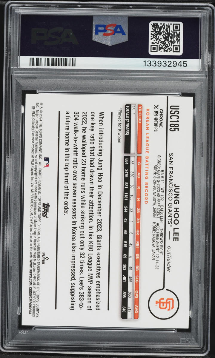 2024 Topps Chrome Update Black Speckle Jung Hoo Lee ROOKIE /10 #USC185 PSA 10 GEM MINT