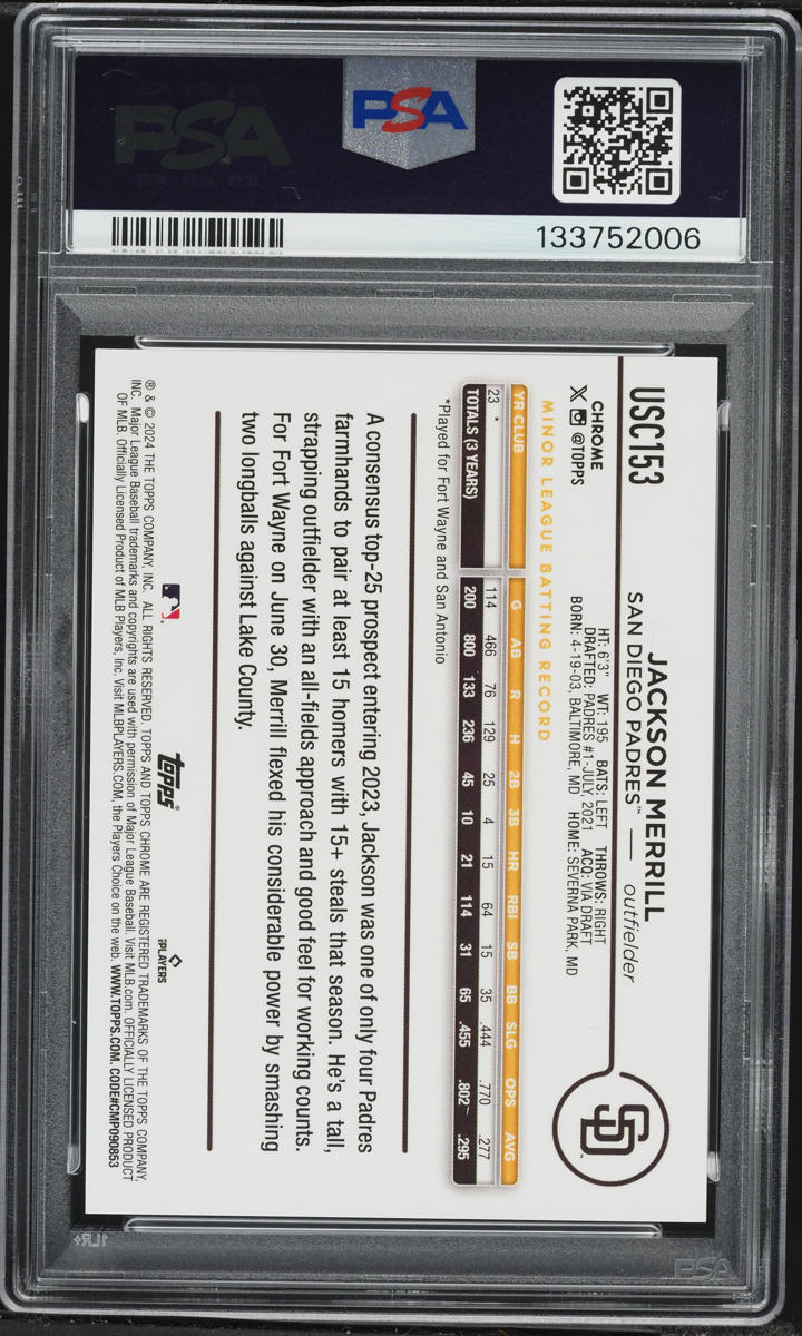 2024 Topps Chrome Update Black Speckle Jackson Merrill ROOKIE /10 PSA 10 GEM MINT