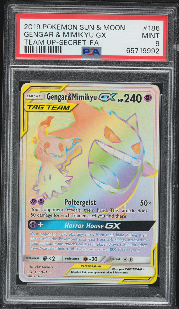 2019 Pokemon Sun & Moon Team Up Rainbow Rare Gengar & Mimikyu GX #186 PSA 9 MINT