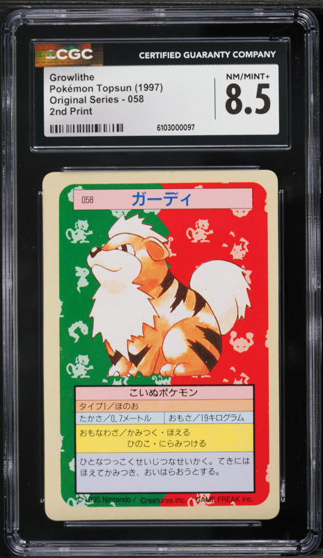 1997 Pokemon Japanese Topsun Original Series 2nd Print Growlithe #58 CGC 8.5 NM-MT+