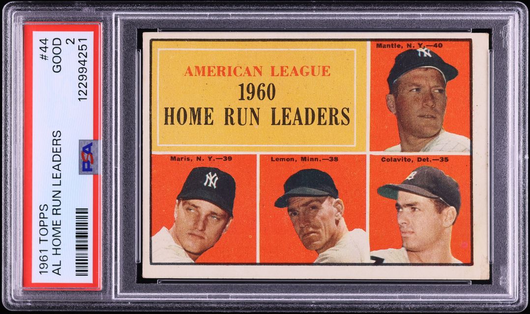 1961 Topps Mickey Mantle & Roger Maris AL HOME RUN LEADER #44 PSA 2 GD