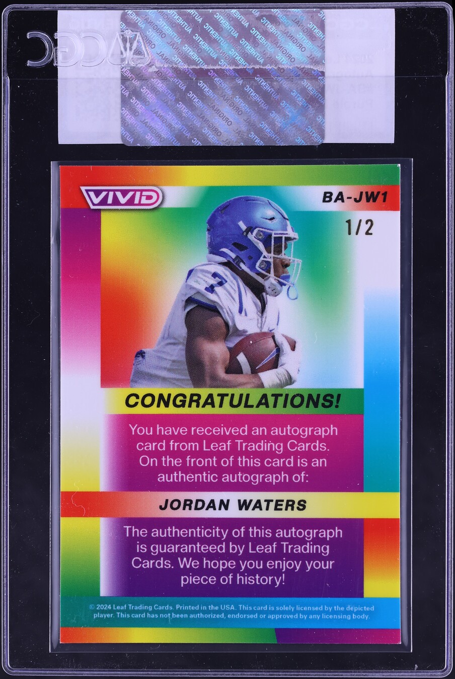 2024 Leaf Vivid Purple Mojo Jordan Waters ROOKIE AUTO 1/2 #BA-JW1 CGC AUTH