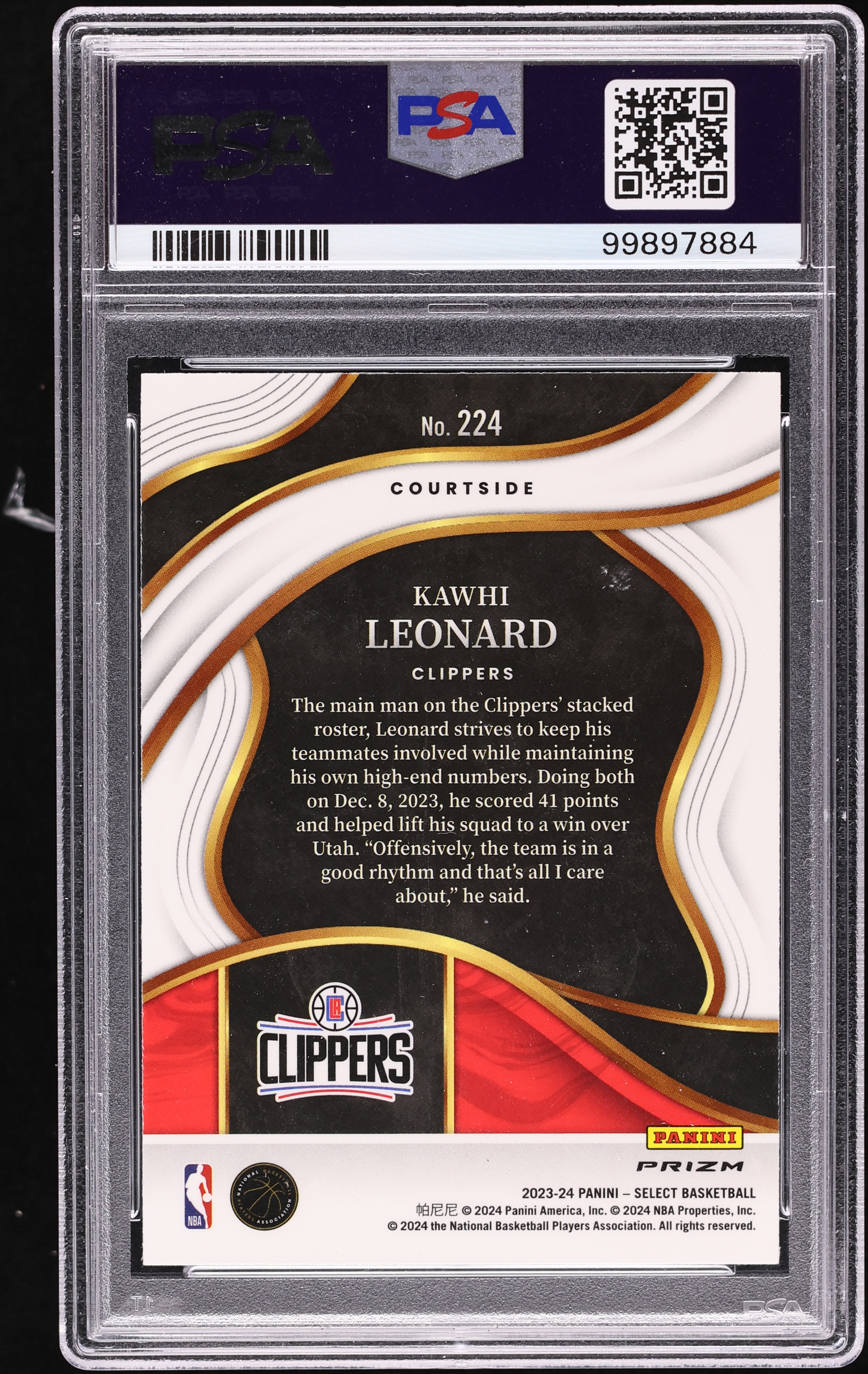 2023 Select Courtside Zebra Prizm Kawhi Leonard #224 PSA 10 GEM
