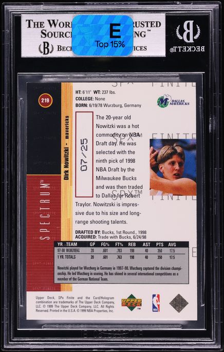 1998 SPx Finite Spectrum Dirk Nowitzki ROOKIE /25 #219 BGS 8.5 NM-MT+