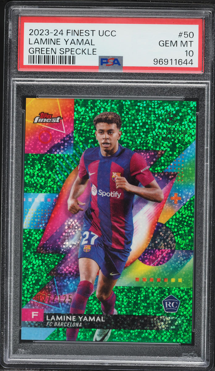 2023 Finest UEFA Club Competitions Green Speckle Refractor Lamine Yamal RC JSY # 27/125 PSA 10