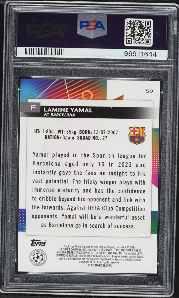 2023 Finest UEFA Club Competitions Green Speckle Refractor Lamine Yamal RC JSY # 27/125 PSA 10