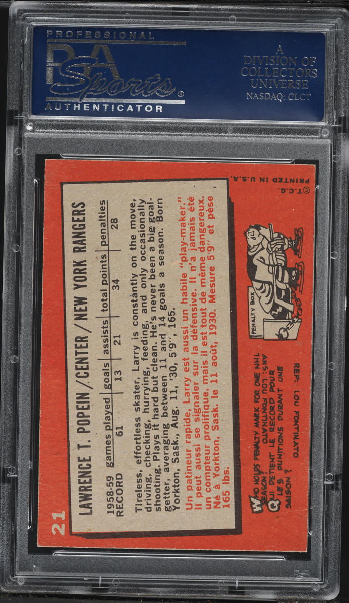 1959 Topps Hockey Larry Popein #21 PSA 8 NM-MT