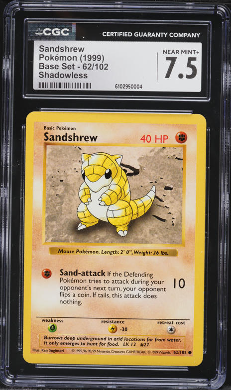 1999 Pokemon Base Set Shadowless Sandshrew #62 CGC 7.5 NRMT+