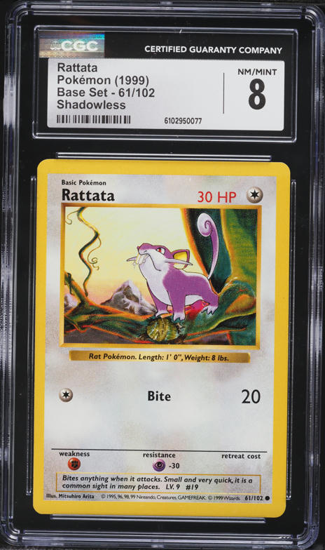 1999 Pokemon Base Set Shadowless Rattata #61 CGC 8 NM-MT