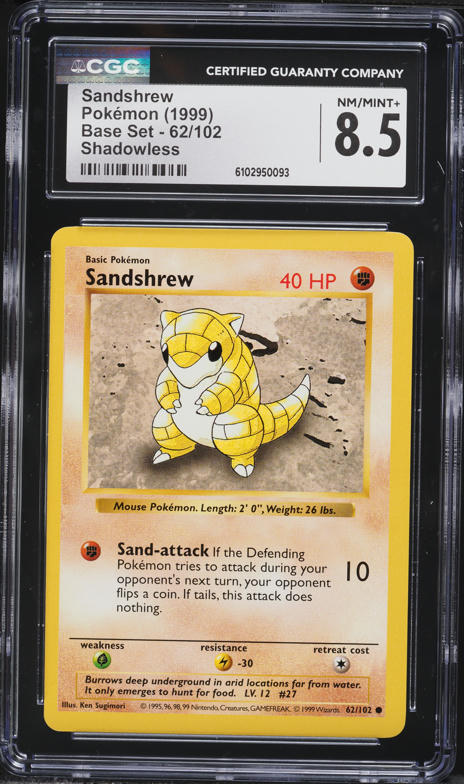 1999 Pokemon Base Set Shadowless Sandshrew #62 CGC 8.5 NM-MT+