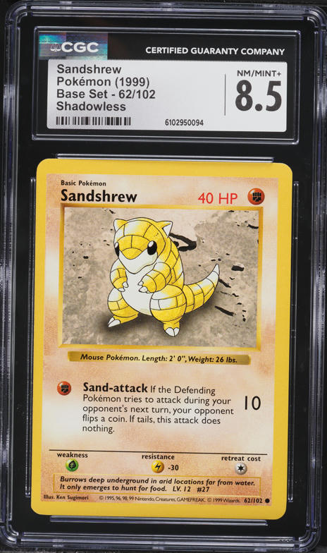 1999 Pokemon Base Set Shadowless Sandshrew #62 CGC 8.5 NM-MT+