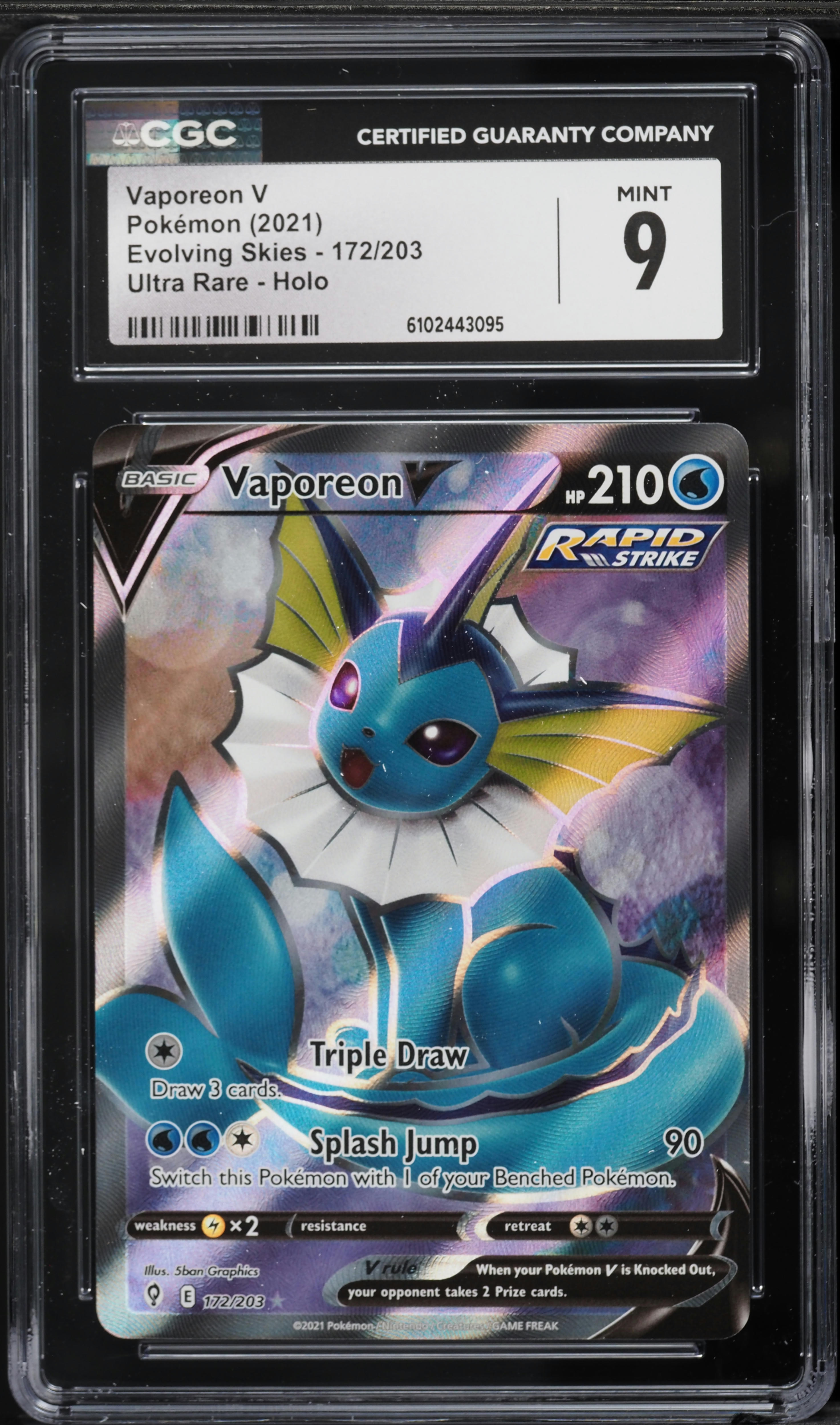 2021 Pokemon Sword & Shield Evolving Skies Full Art Vaporeon V #172 CGC 9  MINT